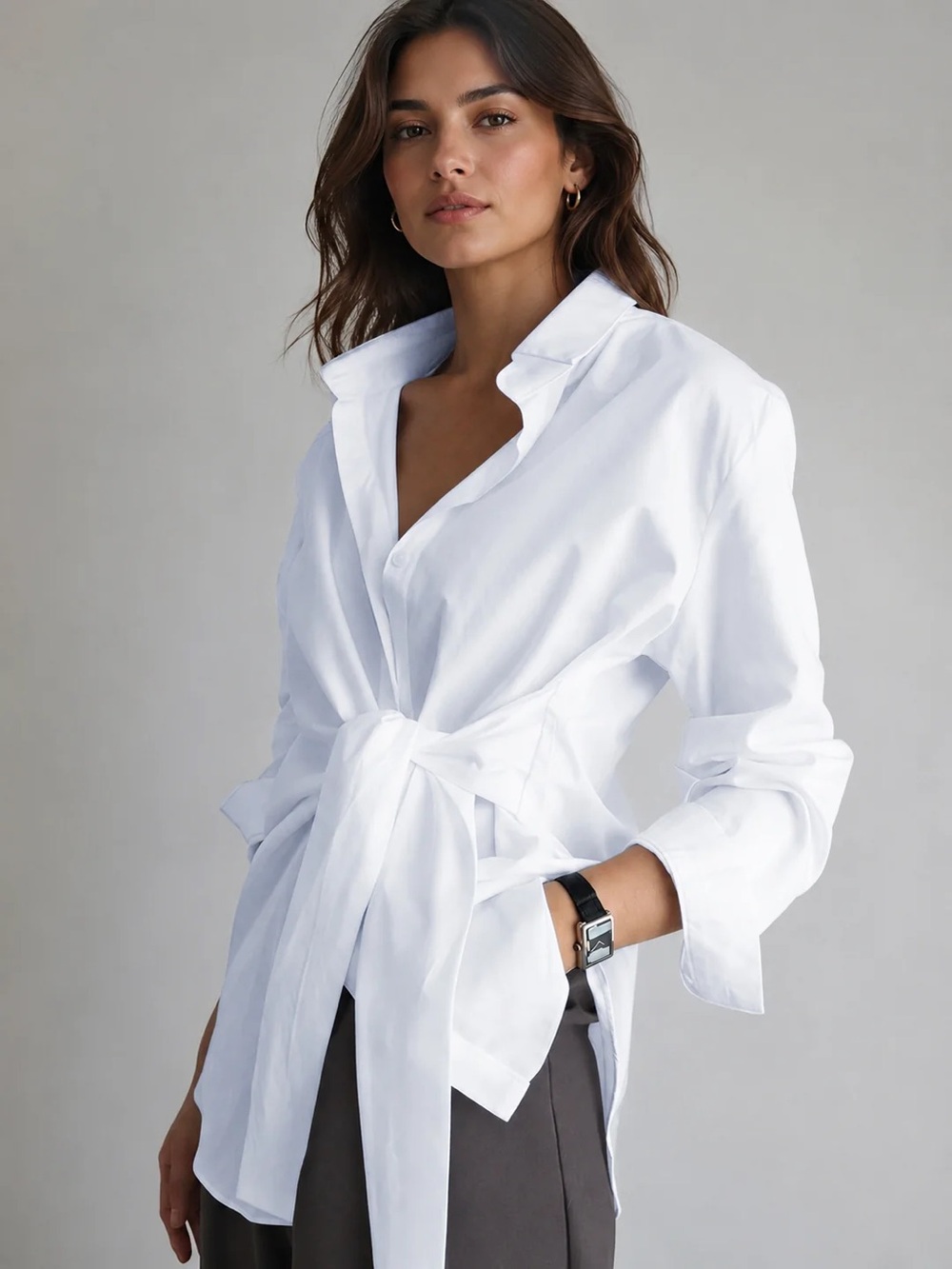 Commense Semi-Sheer Button Down Tied Long Shirt L LL1-8